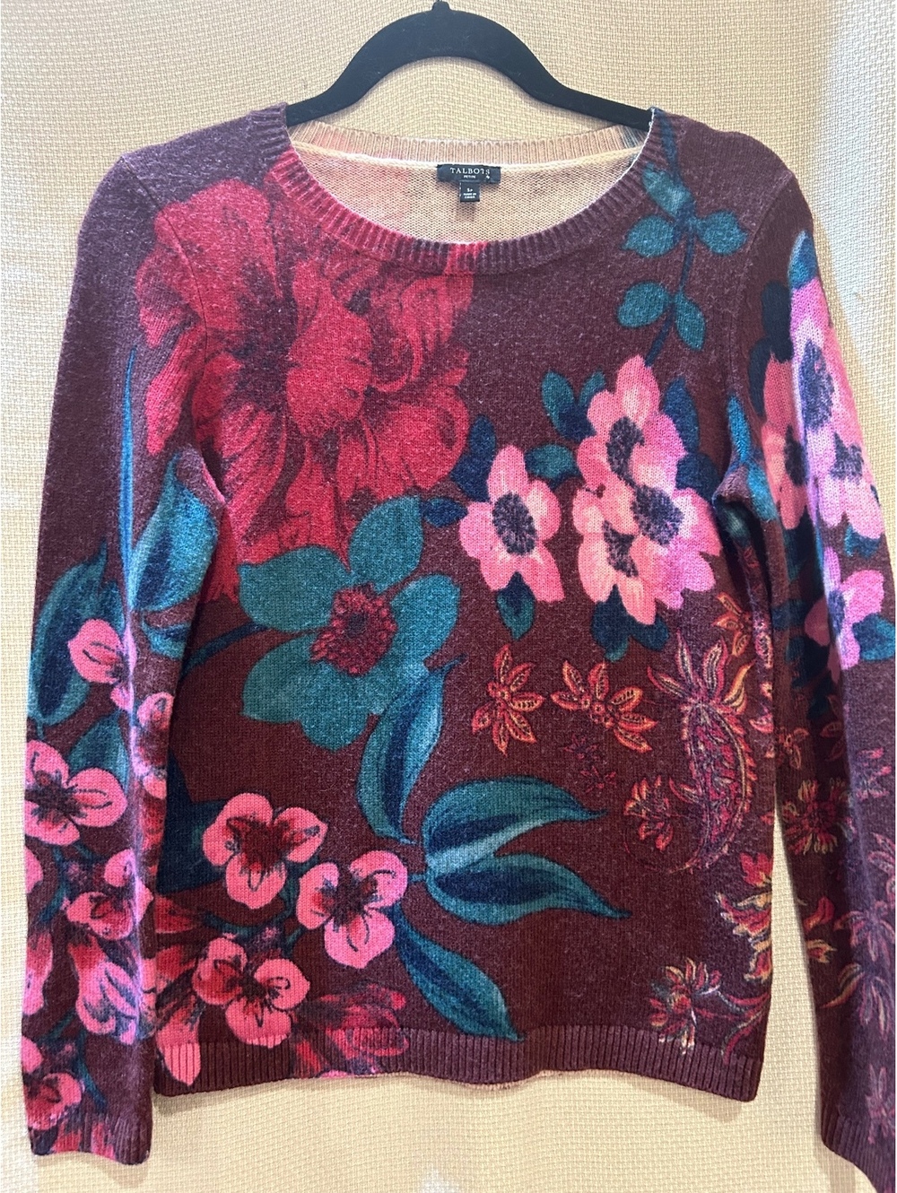Talbots Petite Floral Print Sweater Size SP, Cotton Blend, Burgundy with Multich